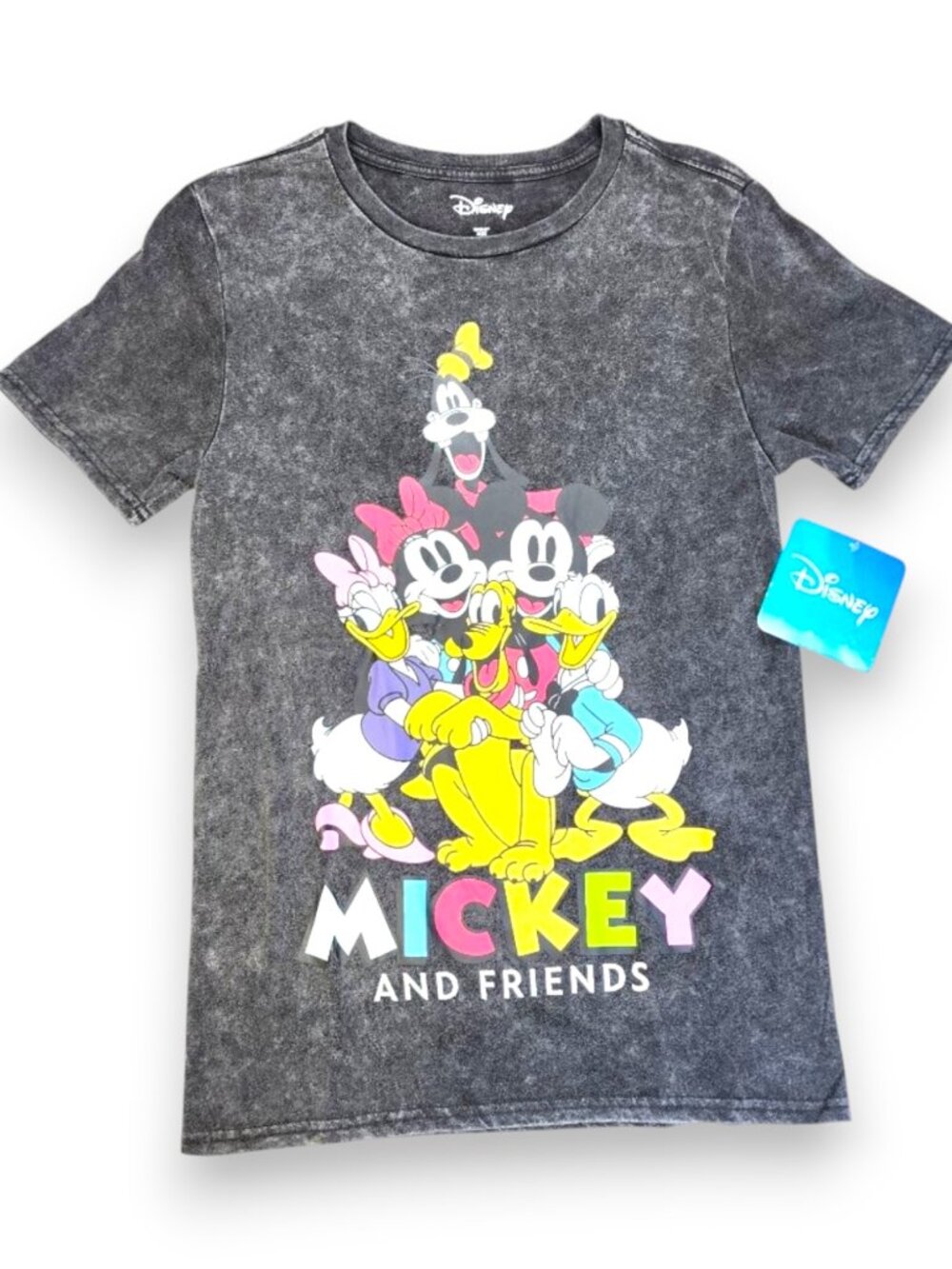 Disney Acid Wash Black Mickey Minnie Goofy Donald Crew Graphic Tee Size Small